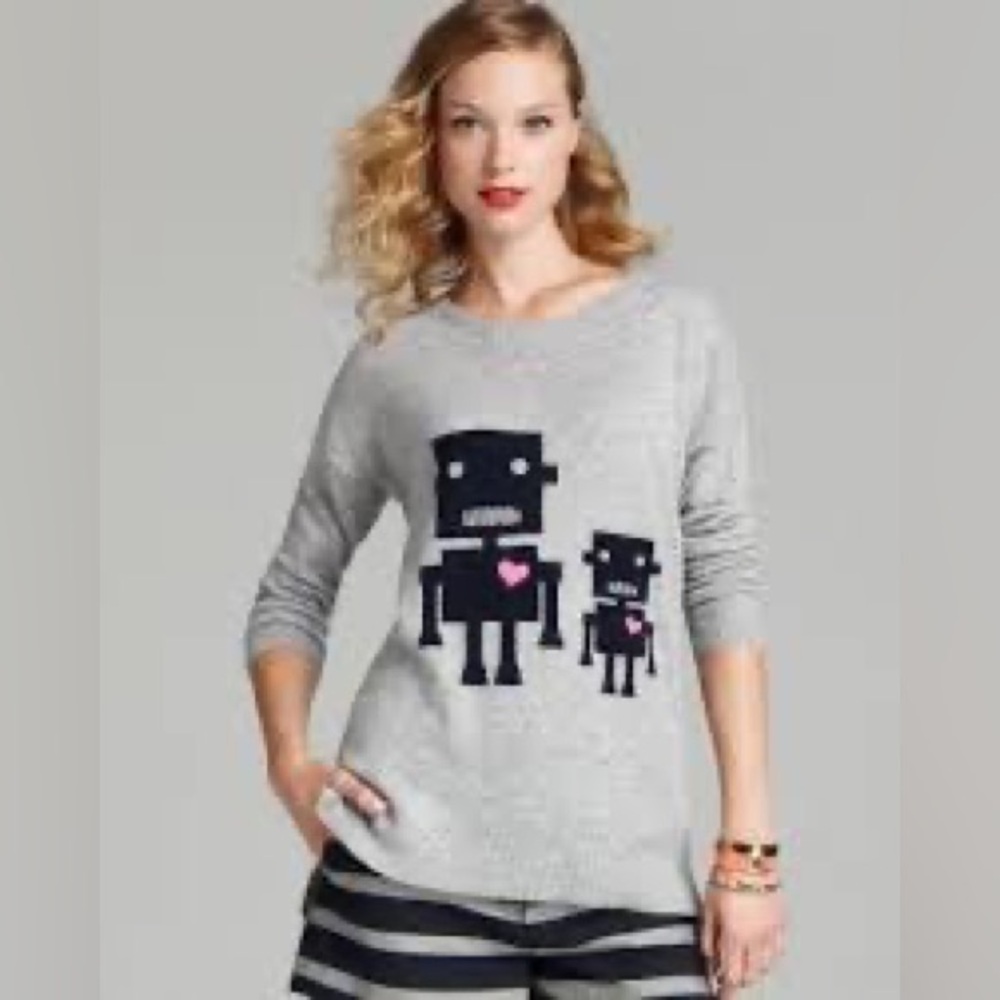 Cashmere Heart Robots Drop Shoulder crewneck sweater sz M Like new Aqua